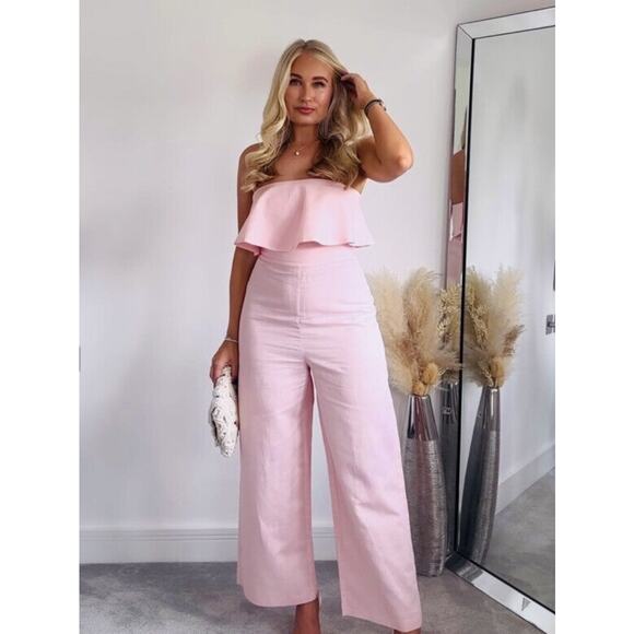 Zara Blush Pink Linen Blend Jumpsuit Strapless Ruffle Top Wide Leg Size Medium - Picture 1 of 11